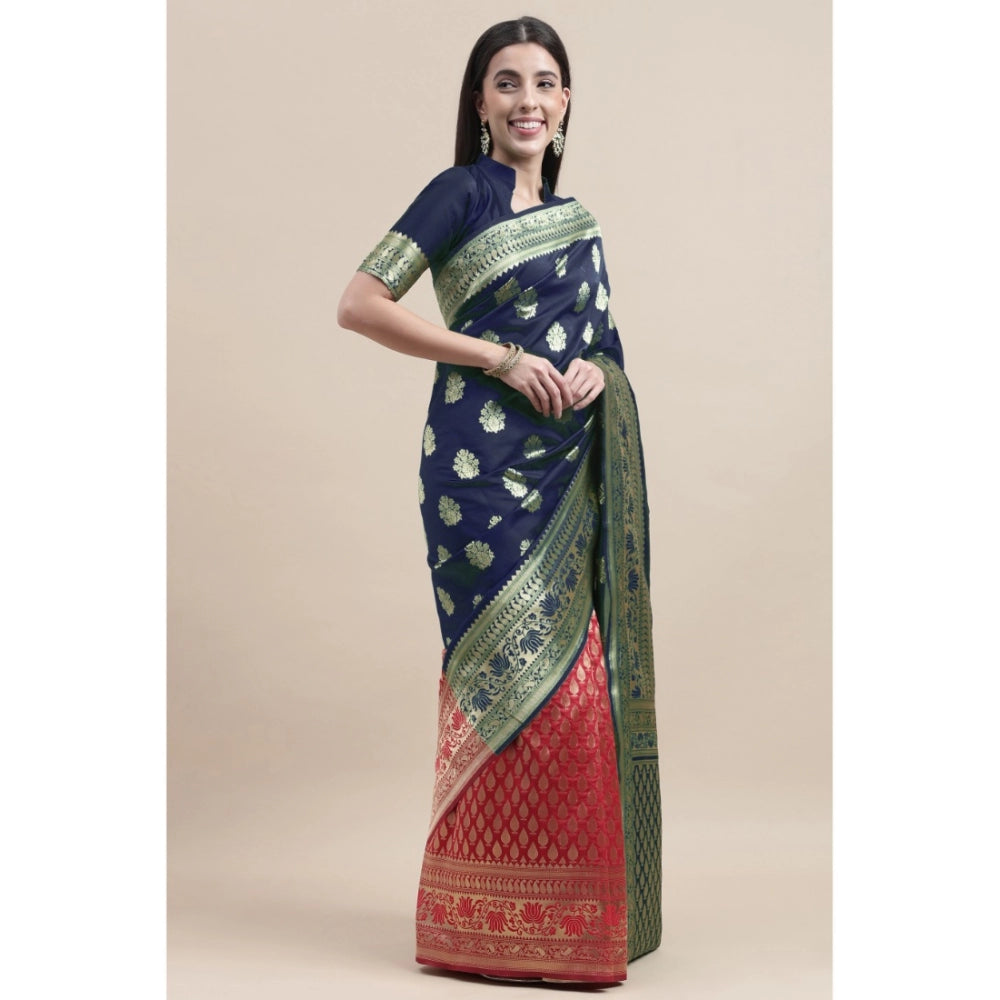 Generic Women's Kanjivaram Silk Designer Weaving Saree With Unstitched Blouse (Blue,Red, 5.50 Mtrs) - Noble Nook