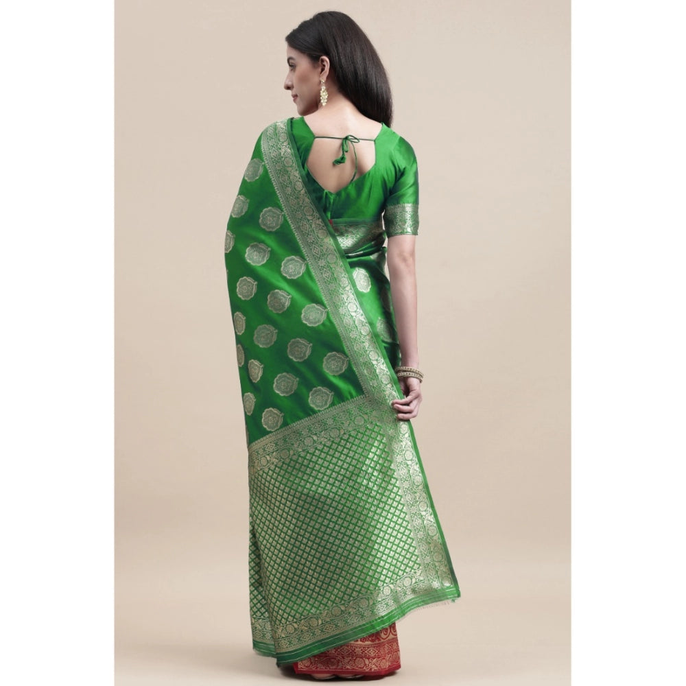 Generic Women's Kanjivaram Silk Designer Weaving Saree With Unstitched Blouse (Green &amp; Red, 5.50 Mtrs) - Noble Nook