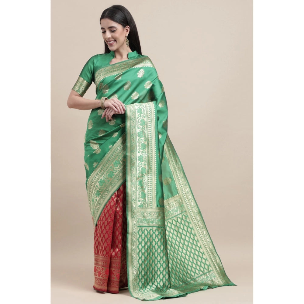 Generic Women's Kanjivaram Silk Designer Weaving Saree With Unstitched Blouse (Green &amp; Red, 5.50 Mtrs) - Noble Nook