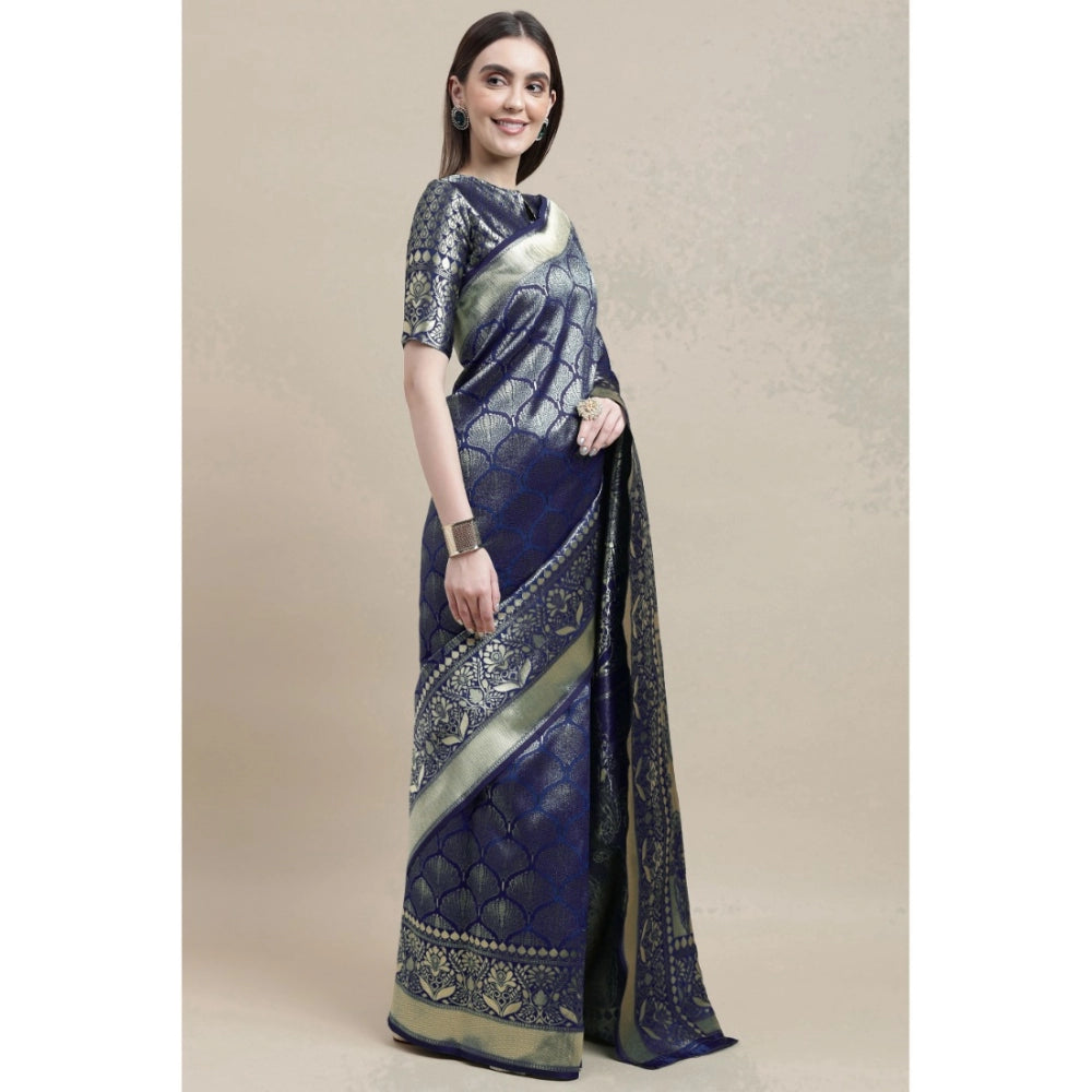 Generic Women's Banarasi Silk Designer Weaving Saree With Unstitched Blouse (Blue, 5.50 Mtrs) - Noble Nook