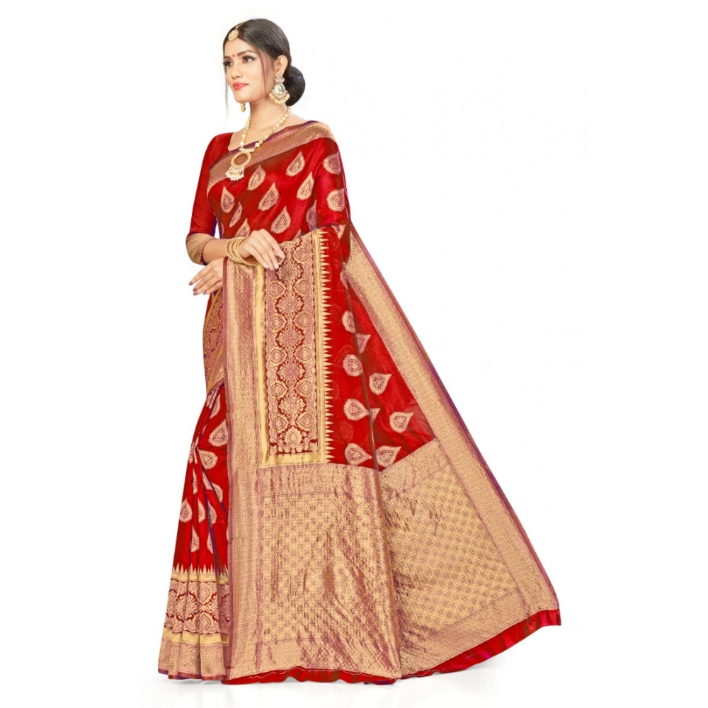 Generic Women's Banarasi Silk Designer Weaving Saree With Unstitched Blouse (Red, 5.50 Mtrs) - Noble Nook