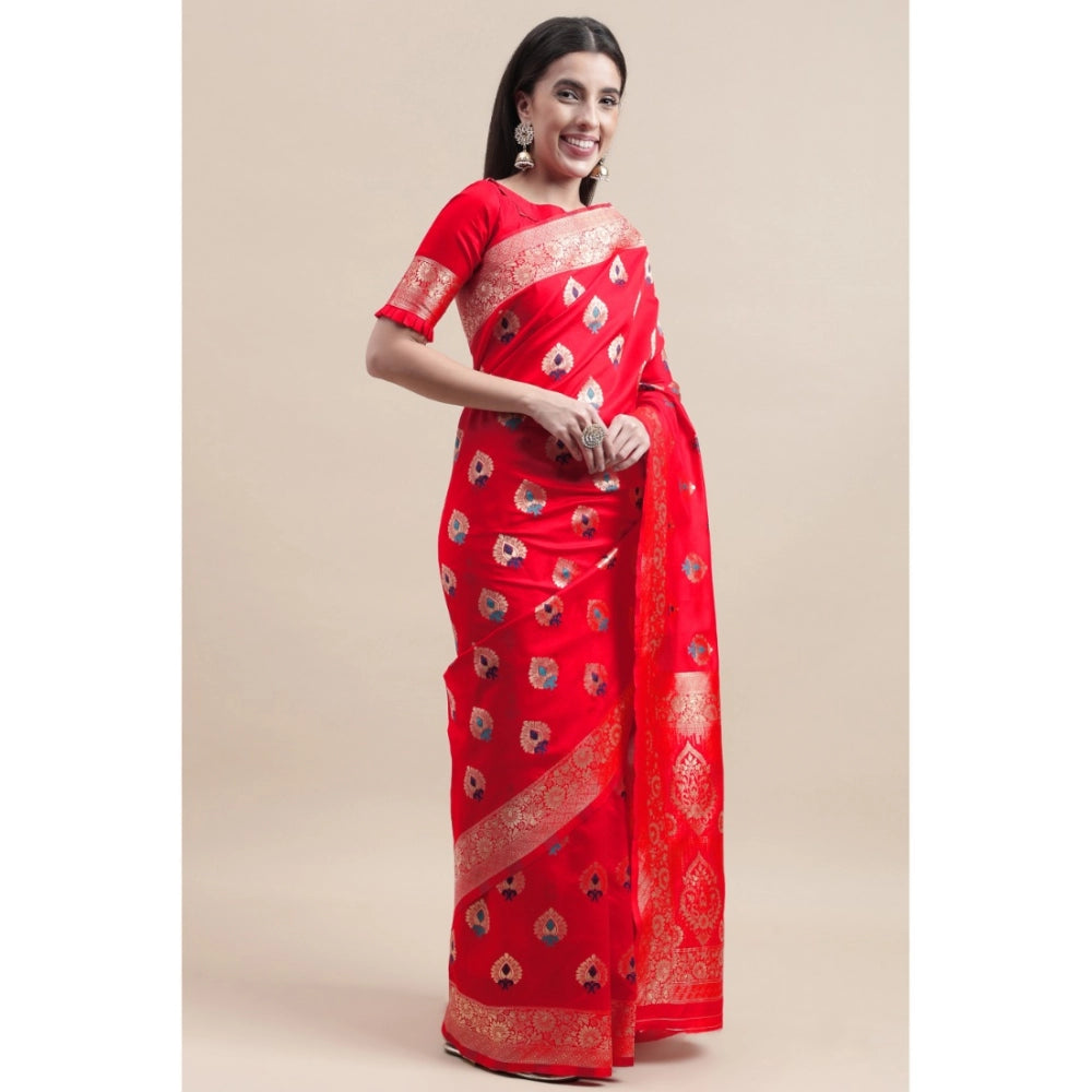 Generic Women's Kanjivaram Silk Designer Weaving Saree With Unstitched Blouse (Red, 5.50 Mtrs) - Noble Nook