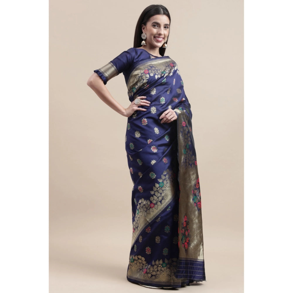 Generic Women's Kanjivaram Silk Designer Weaving Saree With Unstitched Blouse (Blue, 5.50 Mtrs) - Noble Nook