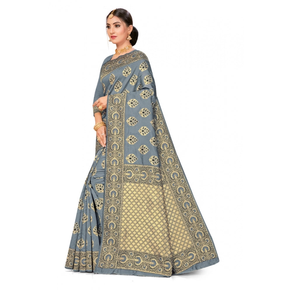 Generic Women's Banarasi Silk Designer Weaving Saree With Unstitched Blouse (Grey, 5.50 Mtrs) - Noble Nook