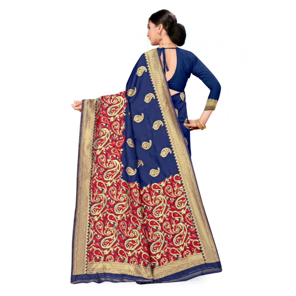 Generic Women's Banarasi Silk Designer Weaving Saree With Unstitched Blouse (Blue, 5.50 Mtrs) - Noble Nook