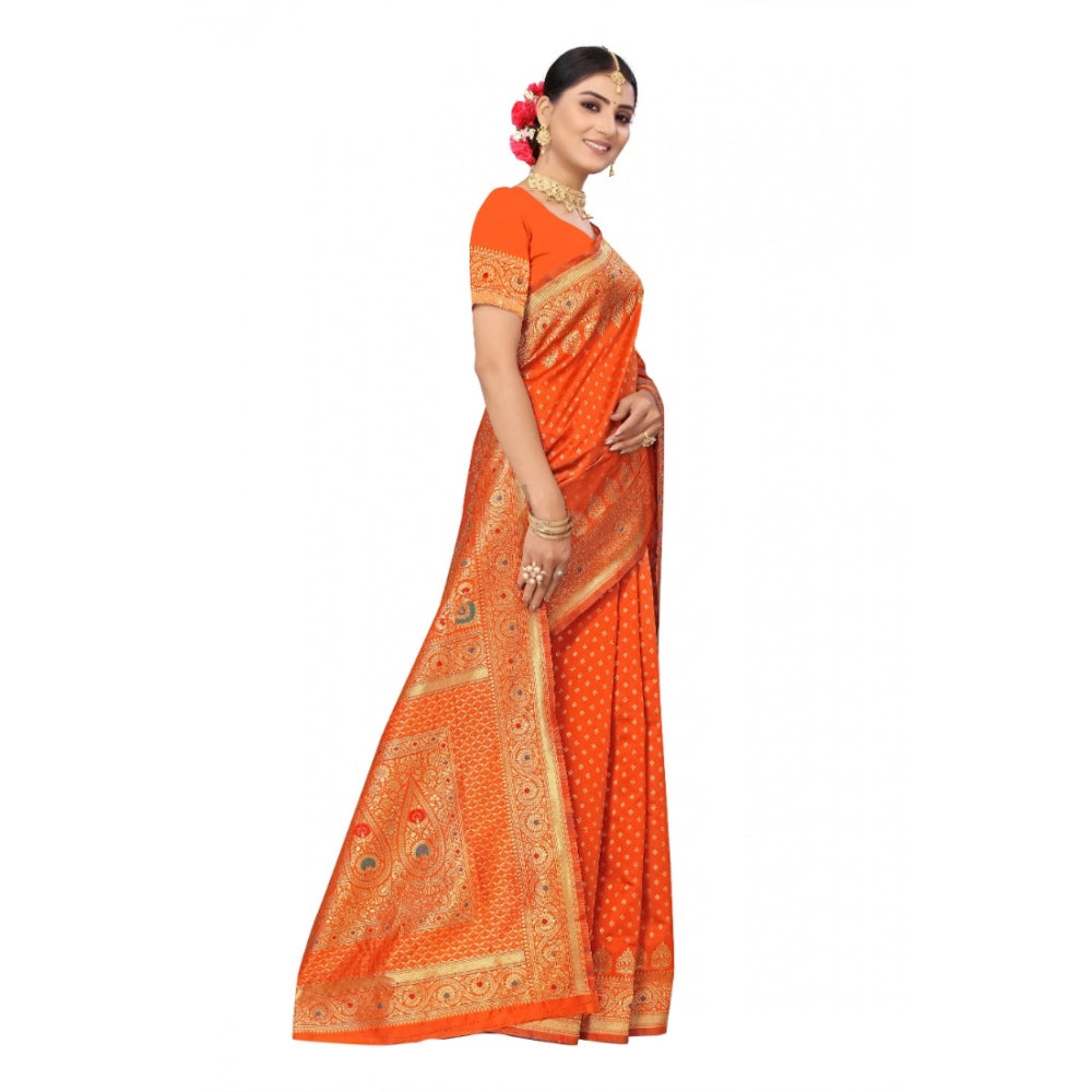 Generic Women's Banarasi Silk Designer Weaving Saree With Unstitched Blouse (Orange, 5.50 Mtrs) - Noble Nook