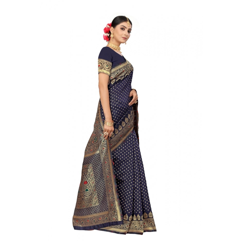 Generic Women's Banarasi Silk Designer Weaving Saree With Unstitched Blouse (Blue, 5.50 Mtrs) - Noble Nook