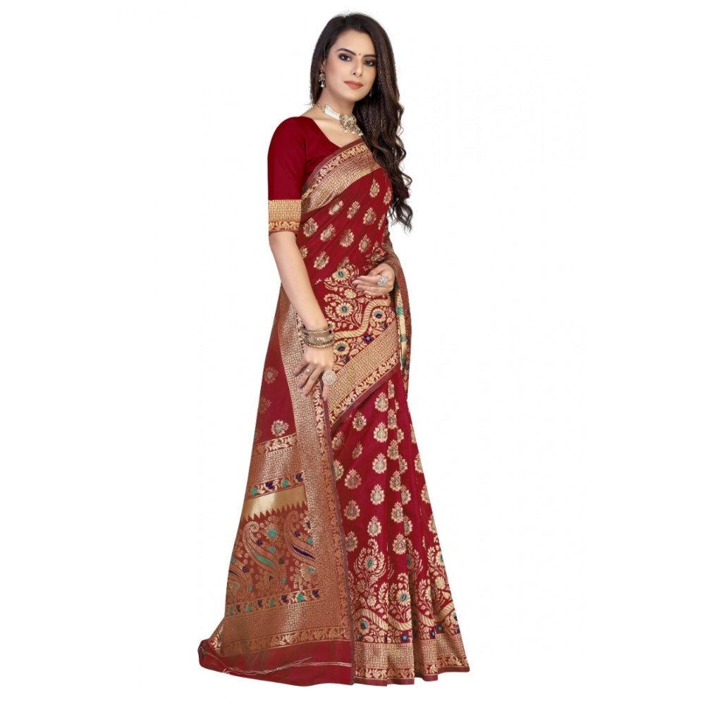 Generic Women's Banarasi Silk Designer Weaving Saree With Unstitched Blouse (Maroon, 5.50 Mtrs) - Noble Nook