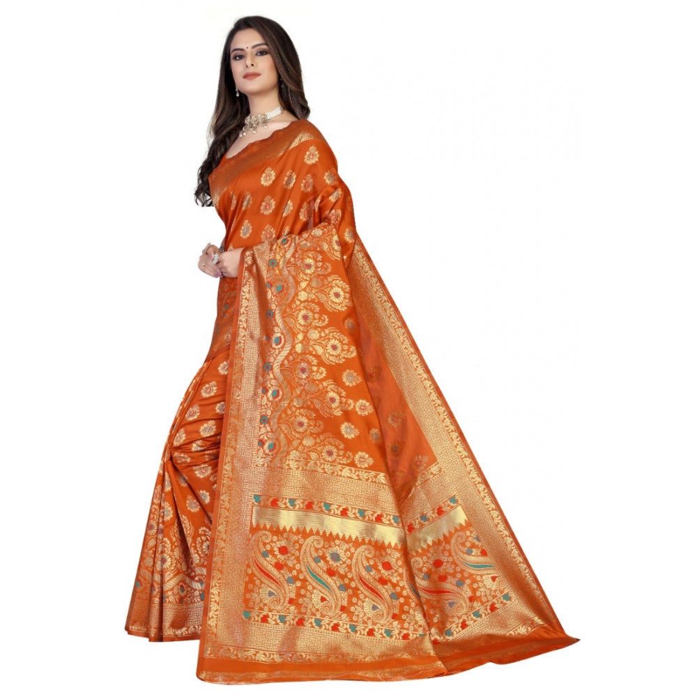 Generic Women's Banarasi Silk Designer Weaving Saree With Unstitched Blouse (Orange, 5.50 Mtrs) - Noble Nook