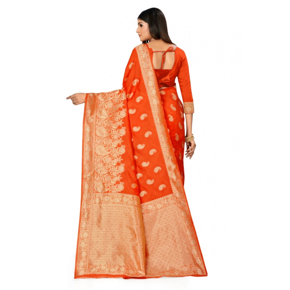 Generic Women's Banarasi Silk Designer Weaving Saree With Unstitched Blouse (Orange, 5.50 Mtrs) - Noble Nook