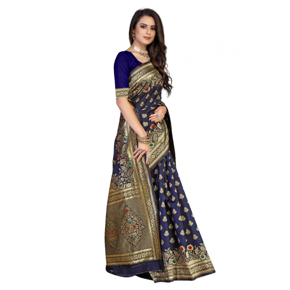 Generic Women's Banarasi Silk Designer Weaving Saree With Unstitched Blouse (Blue, 5.50 Mtrs) - Noble Nook