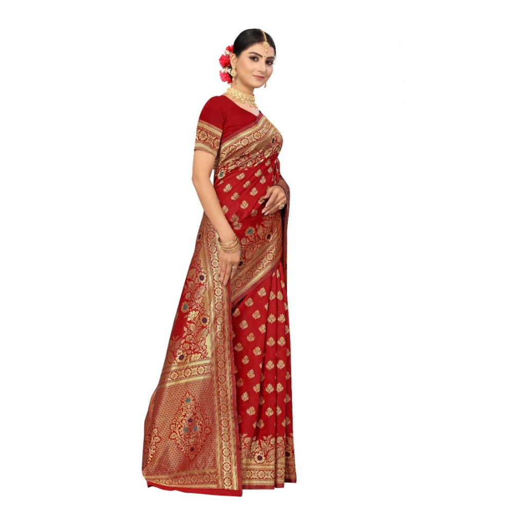 Generic Women's Banarasi Silk Designer Weaving Saree With Unstitched Blouse (Red, 5.50 Mtrs) - Noble Nook