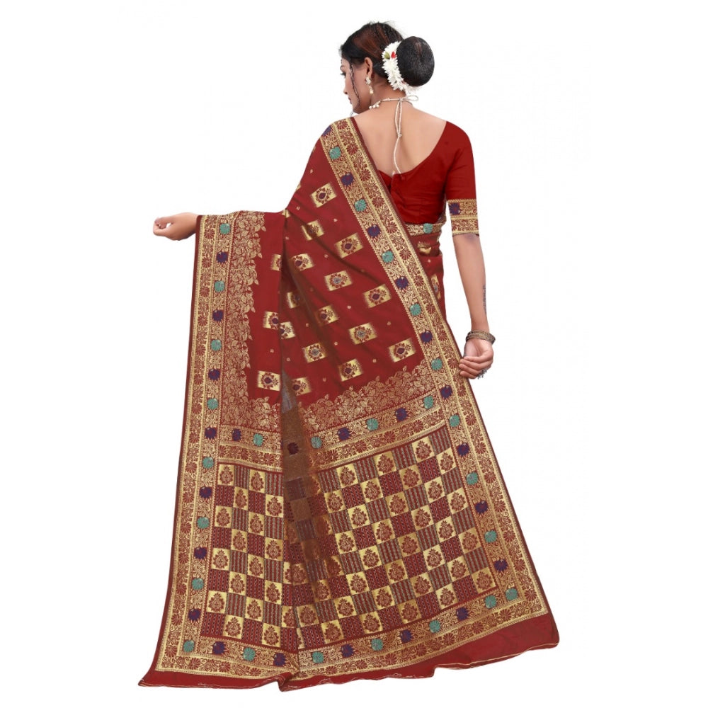 Generic Women's Banarasi Silk Designer Weaving Saree With Unstitched Blouse (Maroon, 5.50 Mtrs) - Noble Nook