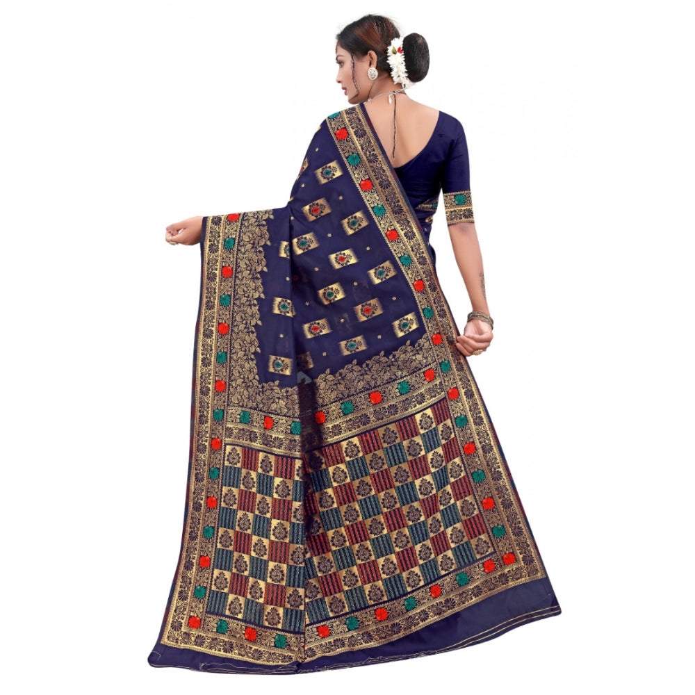 Generic Women's Banarasi Silk Designer Weaving Saree With Unstitched Blouse (Blue, 5.50 Mtrs) - Noble Nook