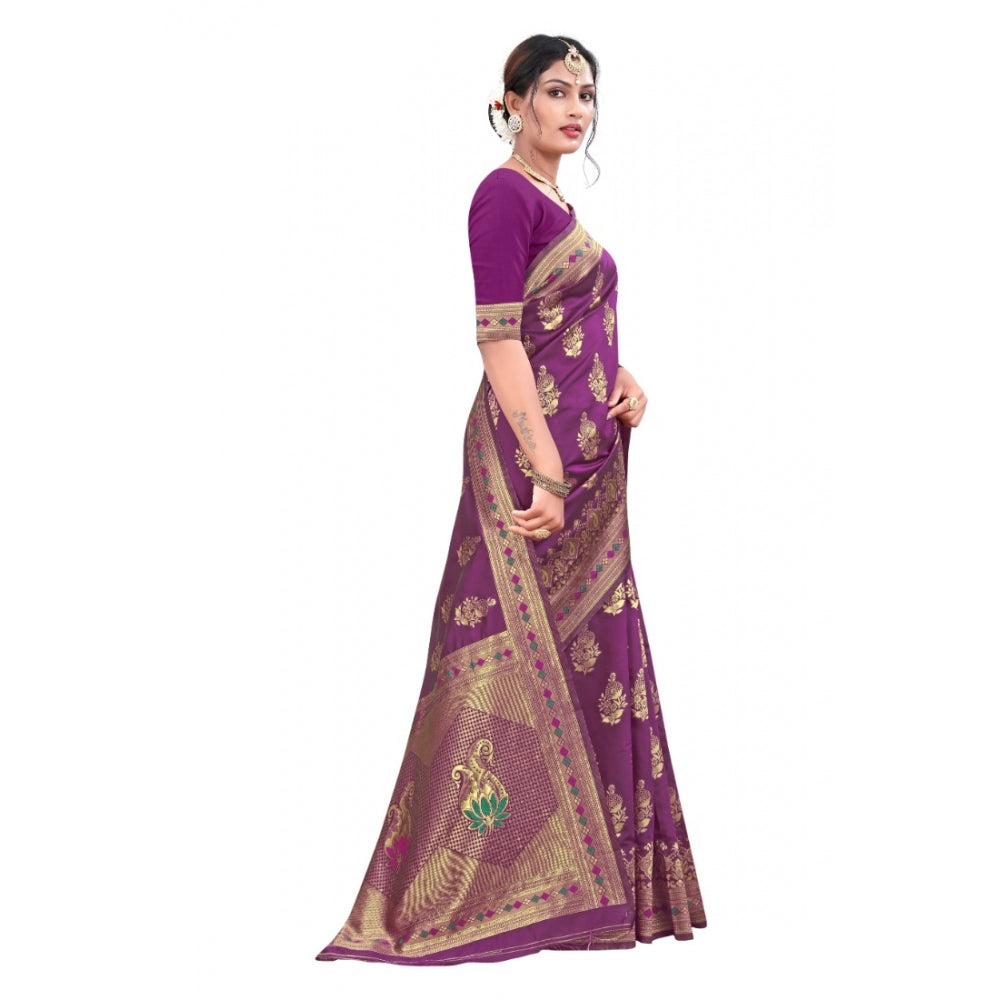 Generic Women's Banarasi Silk Designer Weaving Saree With Unstitched Blouse (Purple, 5.50 Mtrs) - Noble Nook