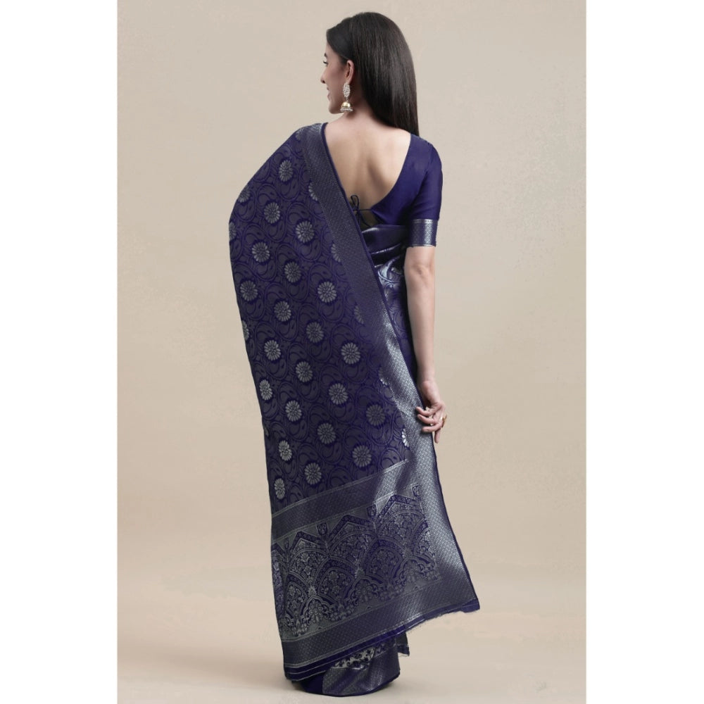 Generic Women's Kanjivaram Silk Designer Silver Weaving Saree With Unstitched Blouse (Blue, 5.50 Mtrs) - Noble Nook