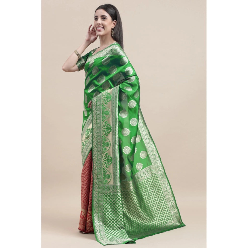 Generic Women's Kanjivaram Silk Designer Weaving Saree With Unstitched Blouse (Green &amp; Red, 5.50 Mtrs) - Noble Nook