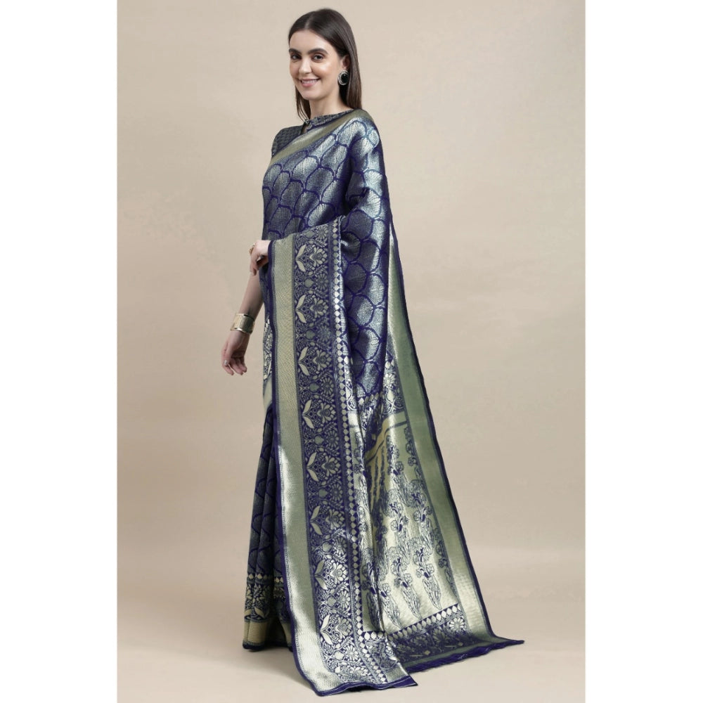 Generic Women's Banarasi Silk Designer Weaving Saree With Unstitched Blouse (Blue, 5.50 Mtrs) - Noble Nook