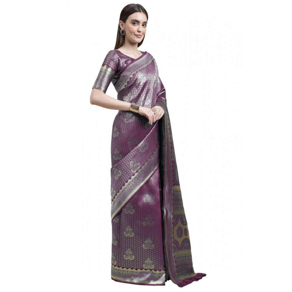 Generic Women's Banarasi Silk Designer Weaving Saree With Unstitched Blouse (Purple, 5.50 Mtrs) - Noble Nook