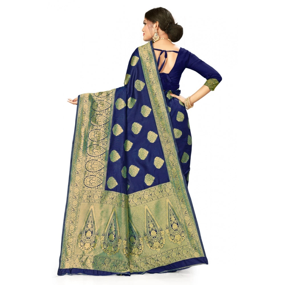 Generic Women's Banarasi Silk Designer Weaving Saree With Unstitched Blouse (Blue, 5.50 Mtrs) - Noble Nook