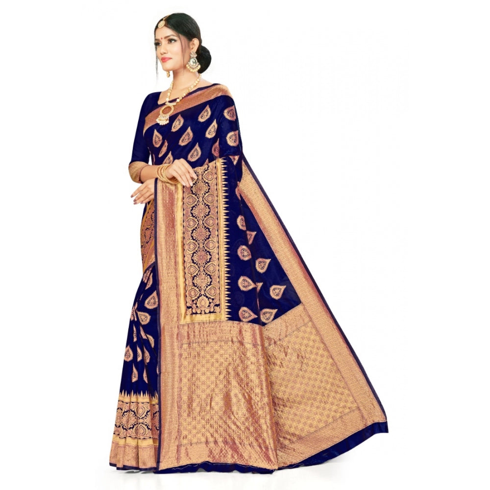 Generic Women's Banarasi Silk Designer Weaving Saree With Unstitched Blouse (Navy Blue, 5.50 Mtrs) - Noble Nook