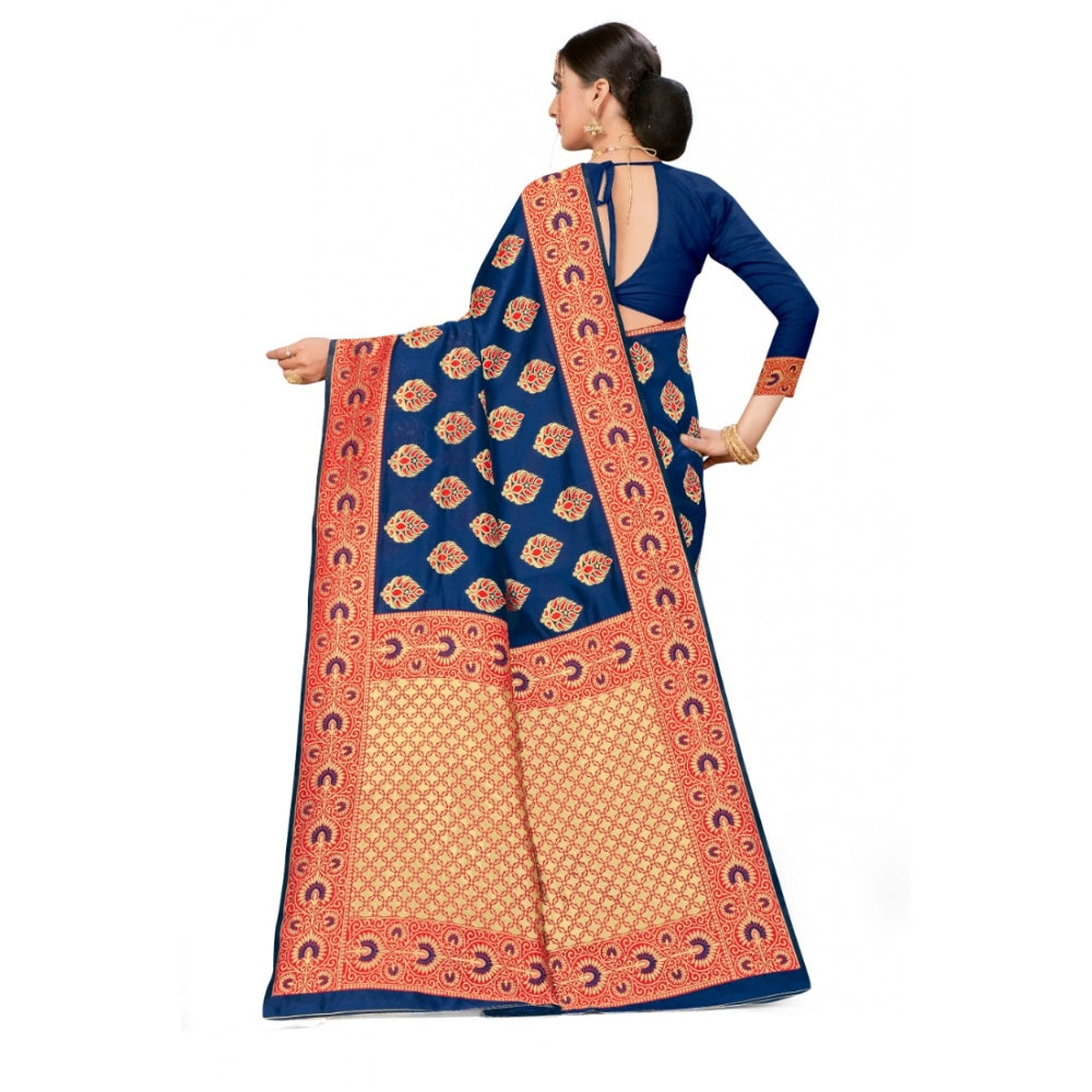 Generic Women's Banarasi Silk Designer Weaving Saree With Unstitched Blouse (Blue, 5.50 Mtrs) - Noble Nook