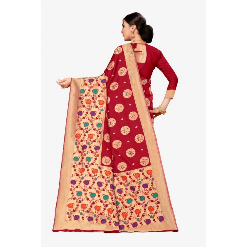 Generic Women's Banarasi Silk Designer Weaving Saree With Unstitched Blouse (Maroon, 5.50 Mtrs) - Noble Nook