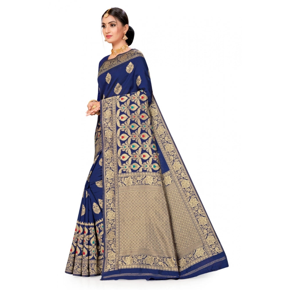 Generic Women's Banarasi Silk Designer Weaving Saree With Unstitched Blouse (Blue, 5.50 Mtrs) - Noble Nook