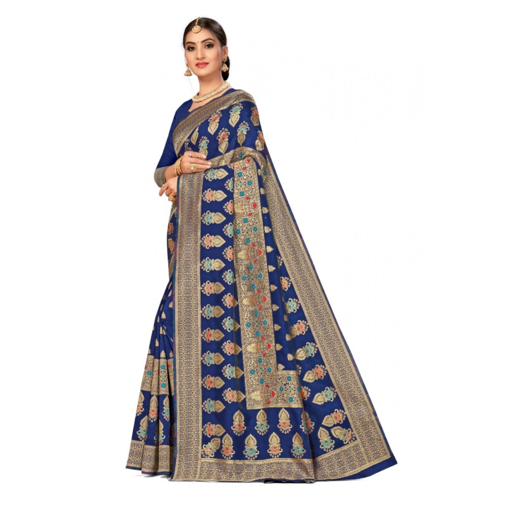 Generic Women's Banarasi Silk Designer Weaving Saree With Unstitched Blouse (Blue, 5.50 Mtrs) - Noble Nook