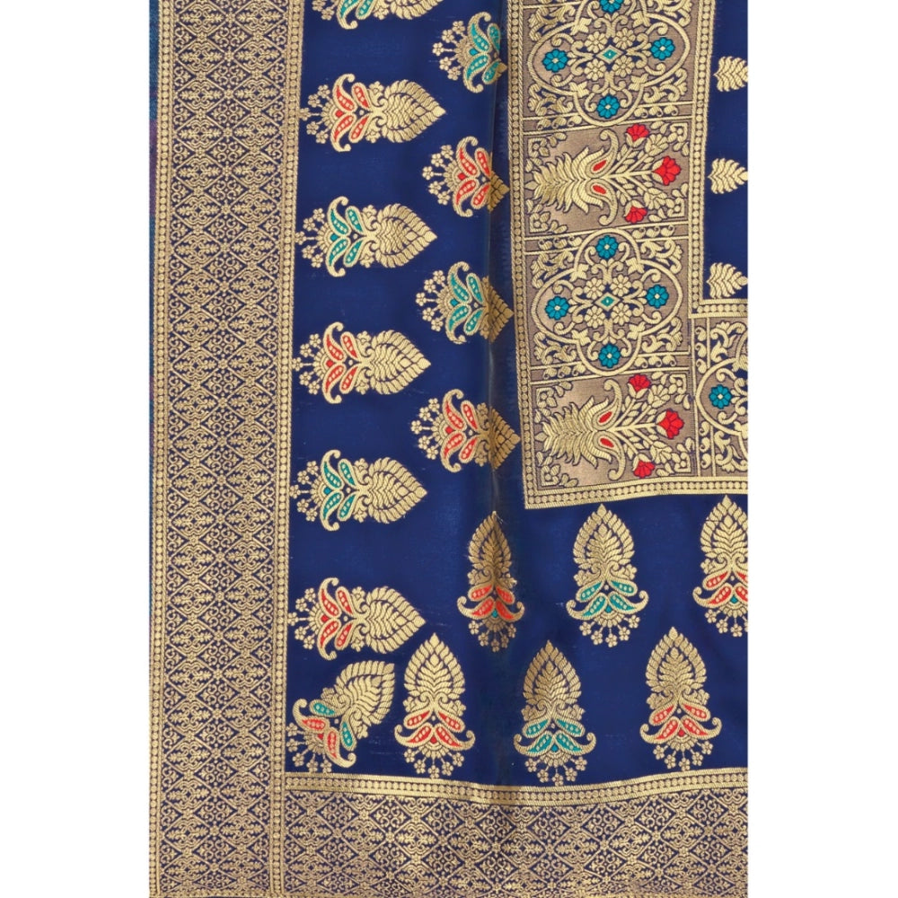 Generic Women's Banarasi Silk Designer Weaving Saree With Unstitched Blouse (Blue, 5.50 Mtrs) - Noble Nook