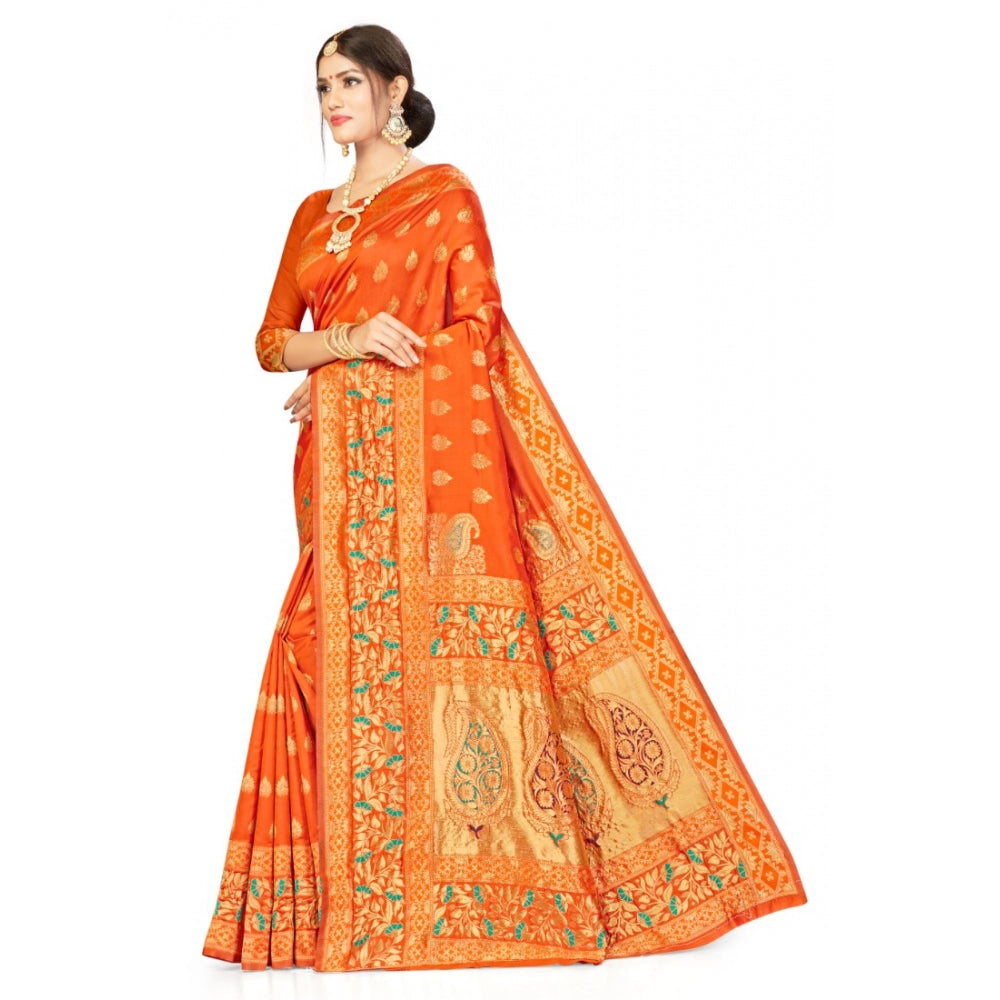 Generic Women's Banarasi Silk Designer Weaving Saree With Unstitched Blouse (Orange, 5.50 Mtrs) - Noble Nook