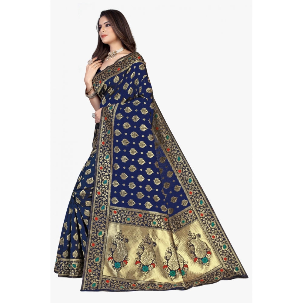 Generic Women's Banarasi Silk Designer Weaving Saree With Unstitched Blouse (Blue, 5.50 Mtrs) - Noble Nook