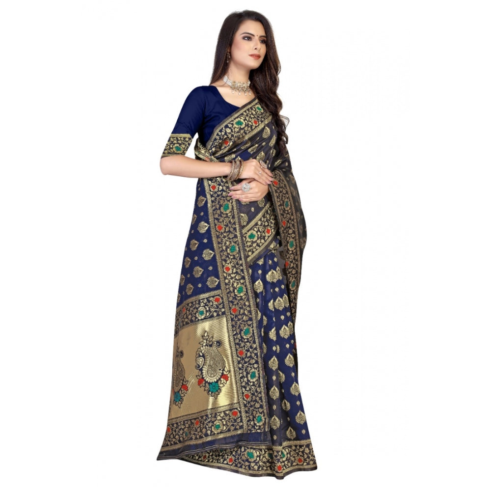 Generic Women's Banarasi Silk Designer Weaving Saree With Unstitched Blouse (Blue, 5.50 Mtrs) - Noble Nook