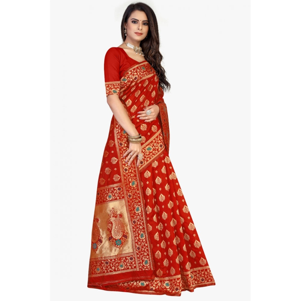 Generic Women's Banarasi Silk Designer Weaving Saree With Unstitched Blouse (Red, 5.50 Mtrs) - Noble Nook