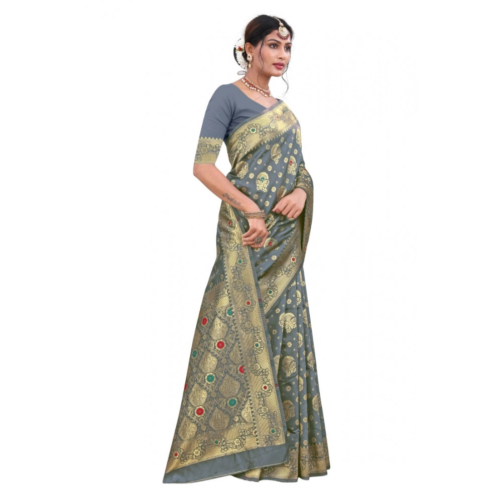 Generic Women's Banarasi Silk Designer Weaving Saree With Unstitched Blouse (Grey, 5.50 Mtrs) - Noble Nook