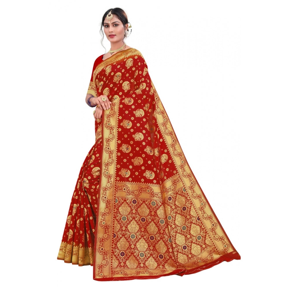 Generic Women's Banarasi Silk Designer Weaving Saree With Unstitched Blouse (Red, 5.50 Mtrs) - Noble Nook