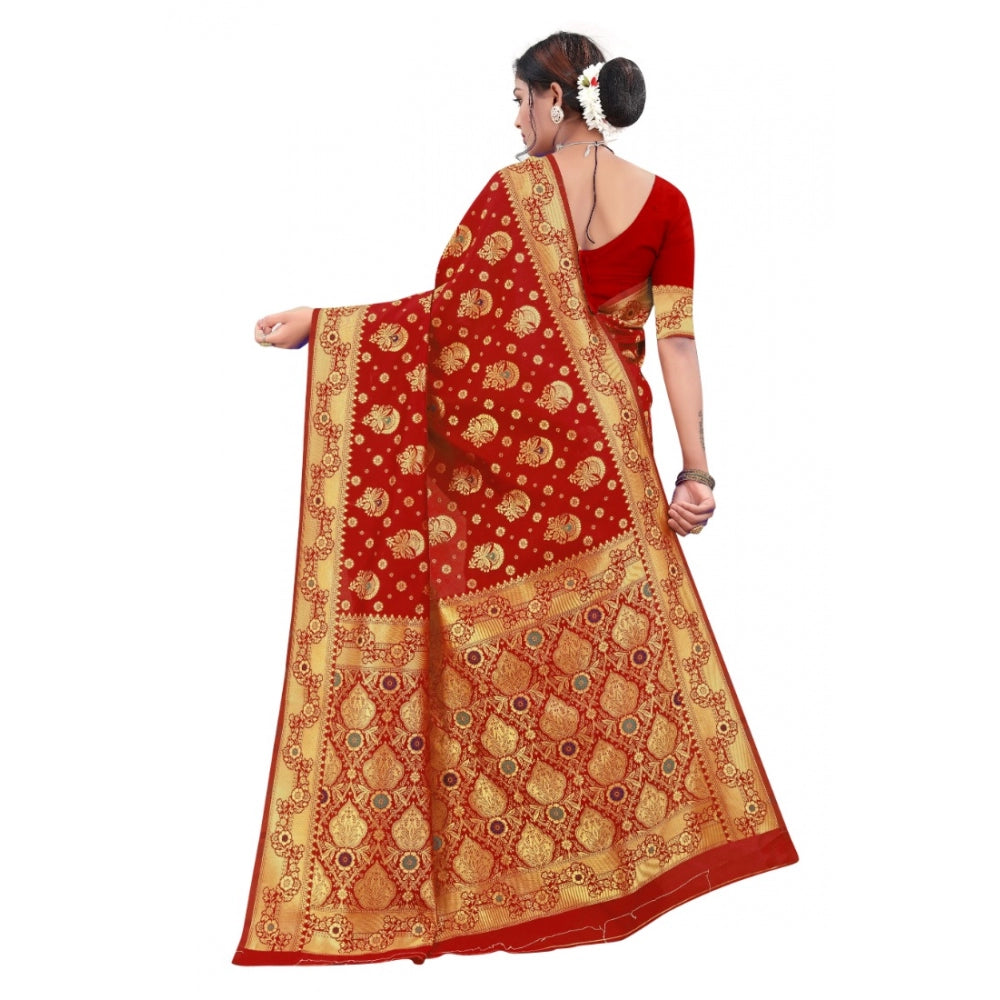 Generic Women's Banarasi Silk Designer Weaving Saree With Unstitched Blouse (Red, 5.50 Mtrs) - Noble Nook