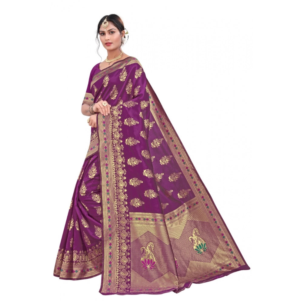 Generic Women's Banarasi Silk Designer Weaving Saree With Unstitched Blouse (Purple, 5.50 Mtrs) - Noble Nook