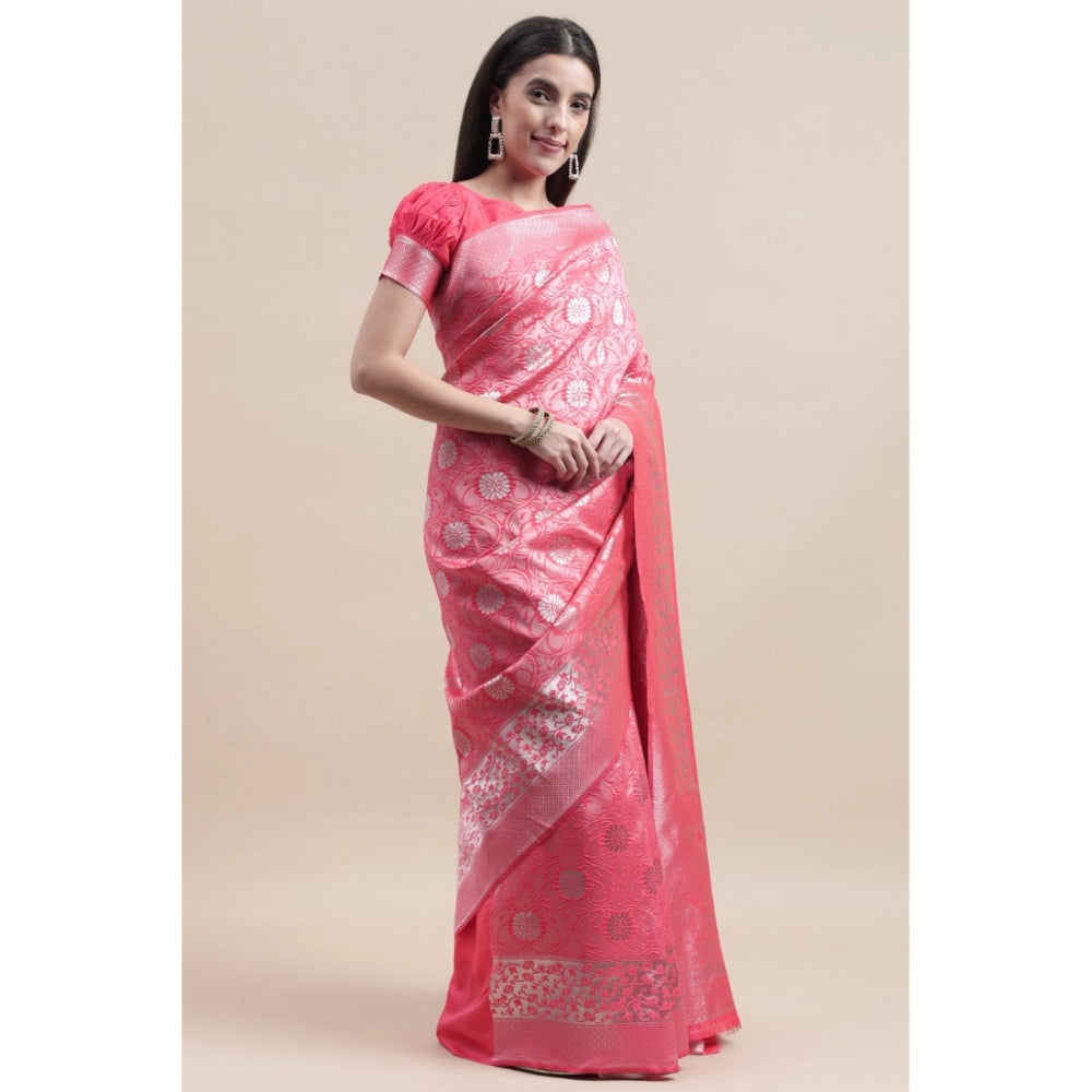 Generic Women's Kanjivaram Silk Designer Silver Weaving Saree With Unstitched Blouse (Pink, 5.50 Mtrs) - Noble Nook