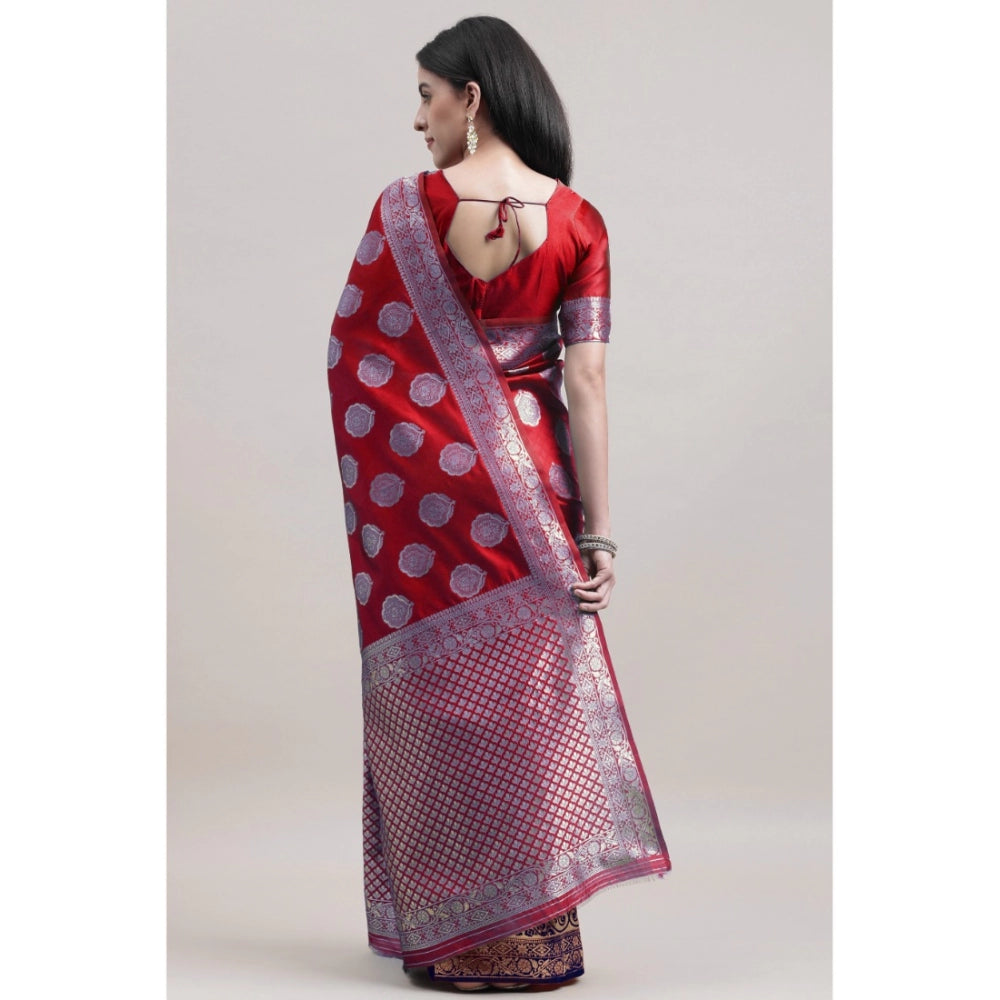 Generic Women's Kanjivaram Silk Designer Weaving Saree With Unstitched Blouse (Red &amp; Blue, 5.50 Mtrs) - Noble Nook