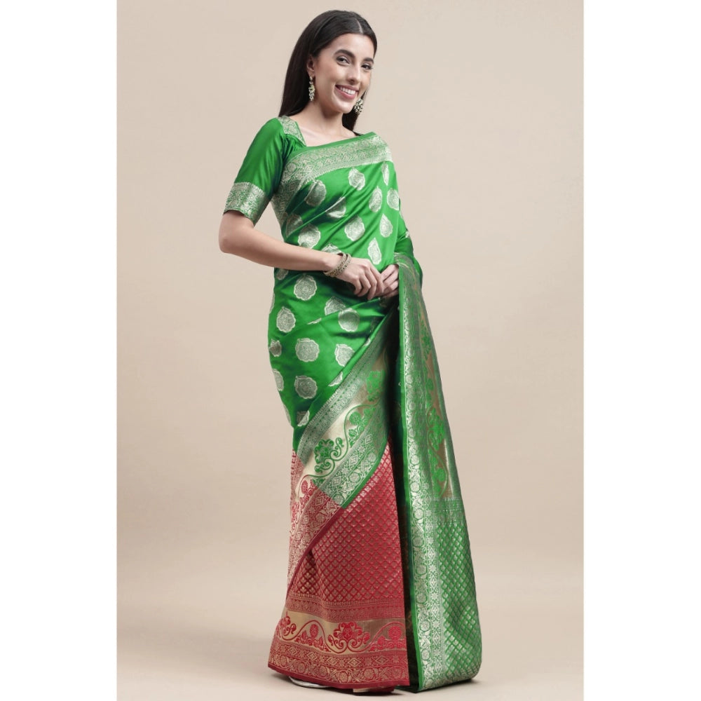 Generic Women's Kanjivaram Silk Designer Weaving Saree With Unstitched Blouse (Green &amp; Red, 5.50 Mtrs) - Noble Nook