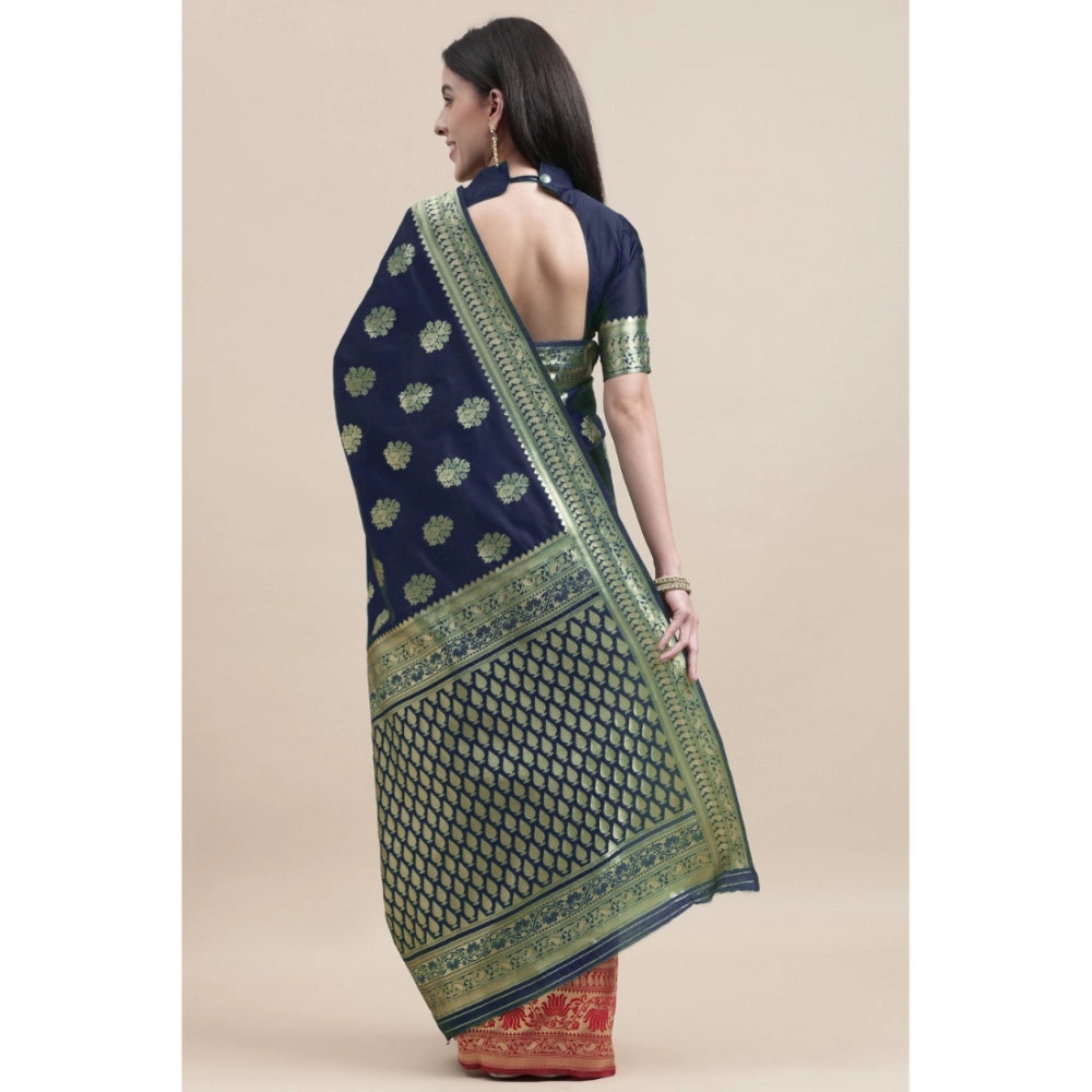 Generic Women's Kanjivaram Silk Designer Weaving Saree With Unstitched Blouse (Blue,Red, 5.50 Mtrs) - Noble Nook