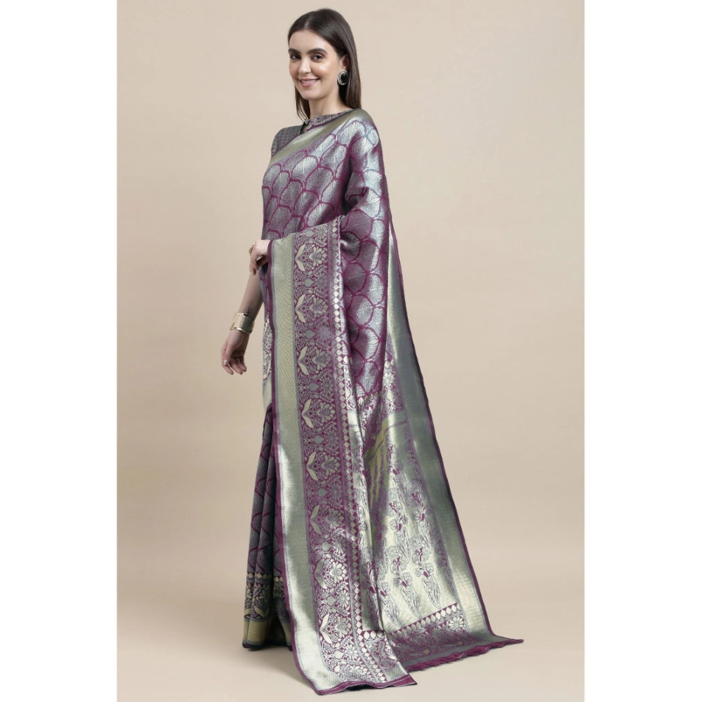 Generic Women's Banarasi Silk Designer Weaving Saree With Unstitched Blouse (Purple, 5.50 Mtrs) - Noble Nook