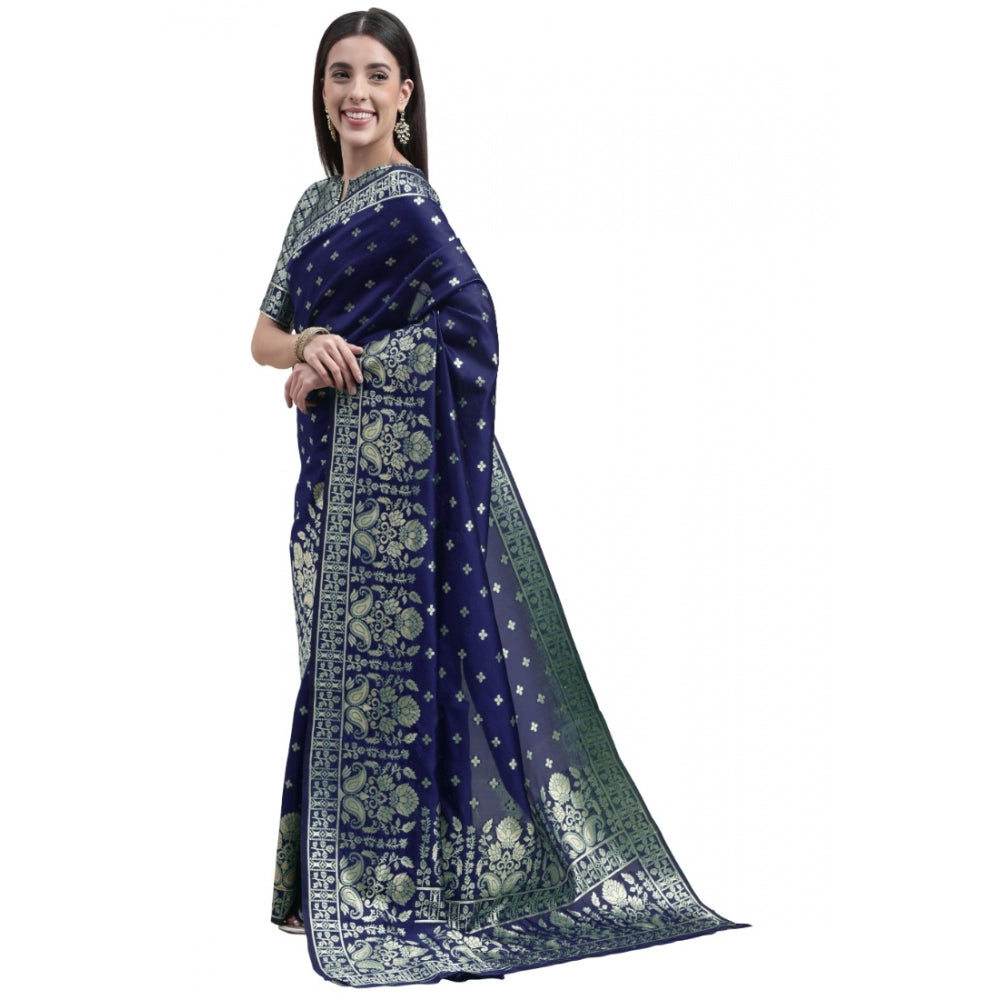 Generic Women's Banarasi Silk Designer Weaving Saree With Unstitched Blouse (Blue, 5.50 Mtrs) - Noble Nook