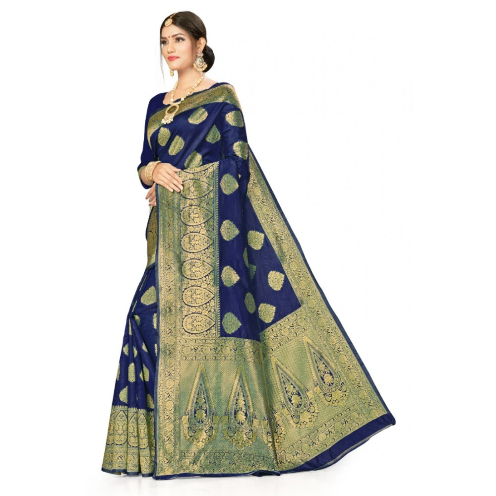 Generic Women's Banarasi Silk Designer Weaving Saree With Unstitched Blouse (Blue, 5.50 Mtrs) - Noble Nook