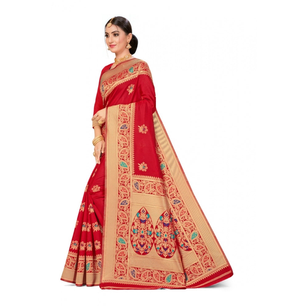 Generic Women's Banarasi Silk Designer Weaving Saree With Unstitched Blouse (Red, 5.50 Mtrs) - Noble Nook