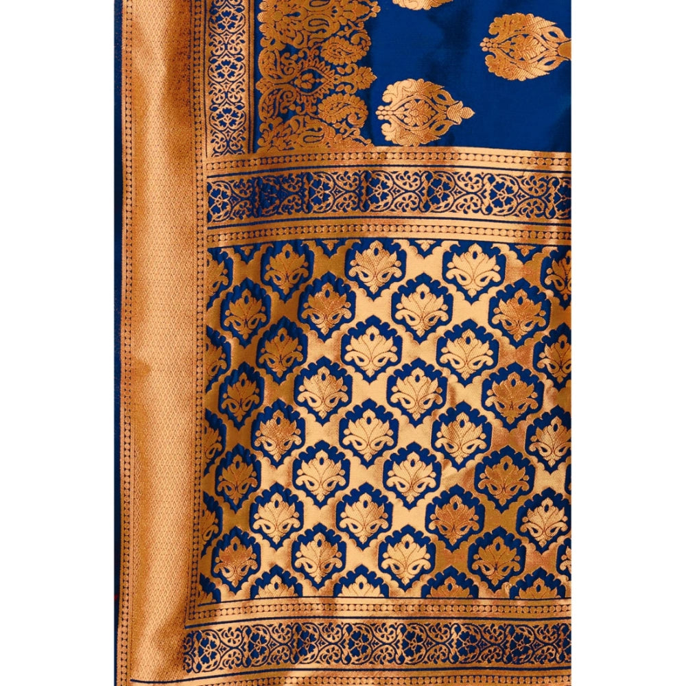 Generic Women's Banarasi Silk Designer Weaving Saree With Unstitched Blouse (Blue, 5.50 Mtrs) - Noble Nook