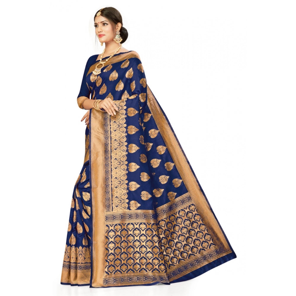 Generic Women's Banarasi Silk Designer Weaving Saree With Unstitched Blouse (Blue, 5.50 Mtrs) - Noble Nook