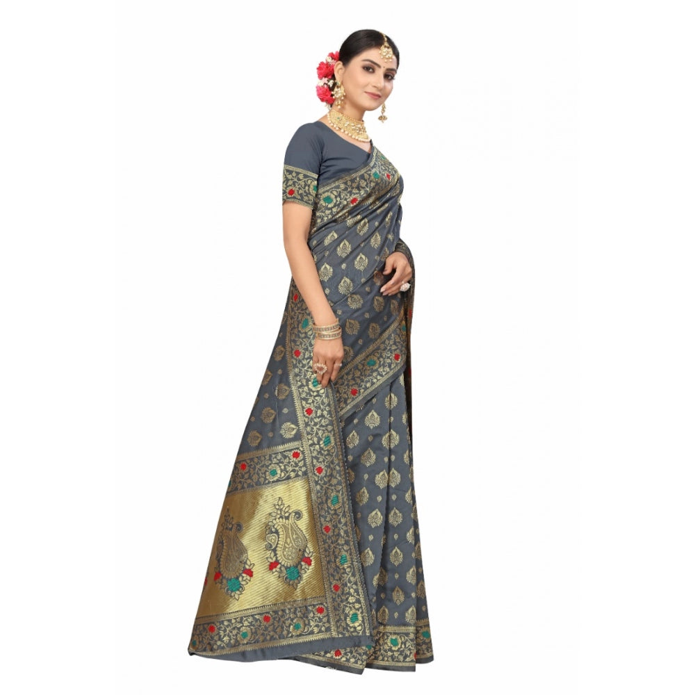 Generic Women's Banarasi Silk Designer Weaving Saree With Unstitched Blouse (Grey, 5.50 Mtrs) - Noble Nook