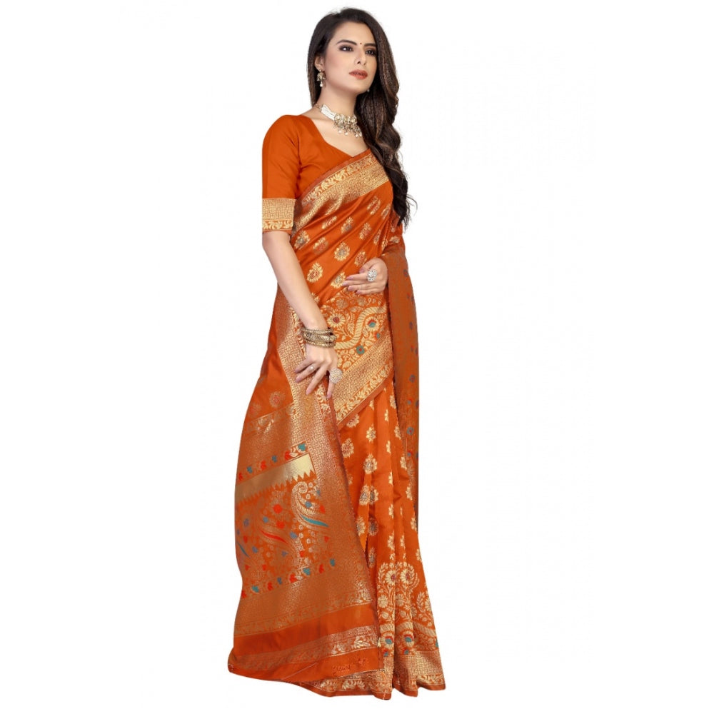 Generic Women's Banarasi Silk Designer Weaving Saree With Unstitched Blouse (Orange, 5.50 Mtrs) - Noble Nook